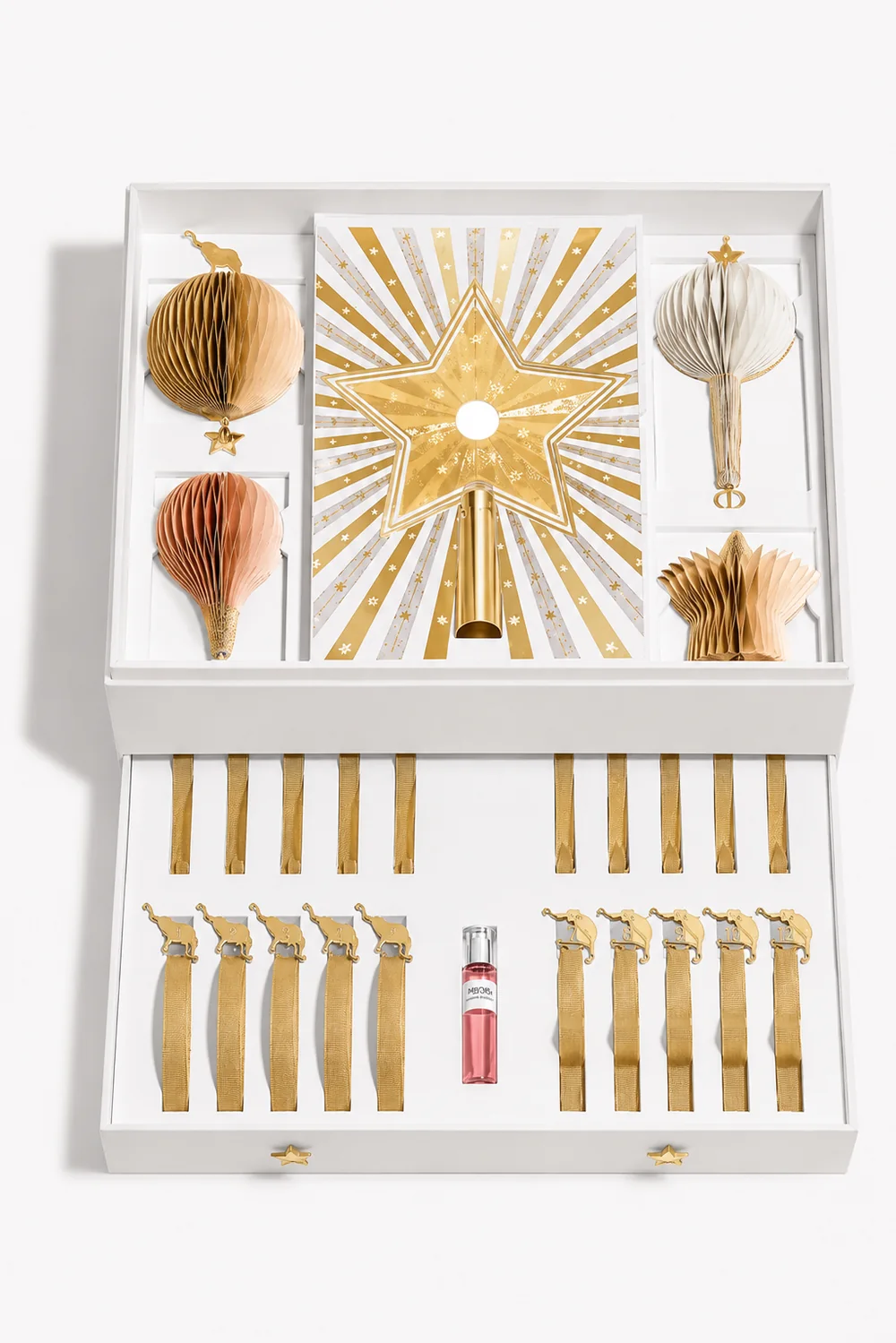Estuche festivo blanco con foil dorado e inserto modular